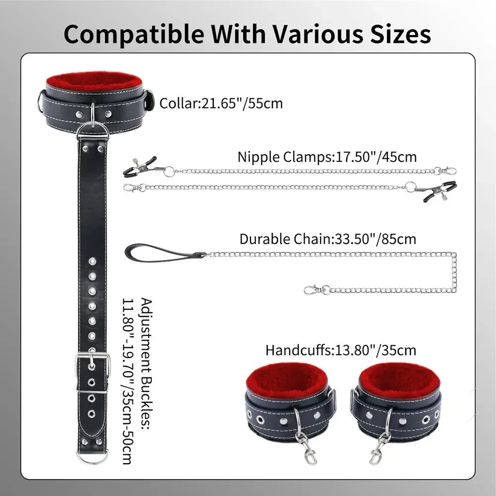 Adjustable Plush Lined PU Leather Wrist Ankle Cuffs BDSM Bondage Restraint Kit Erotic Role Play Toy For Adult Couples view 5