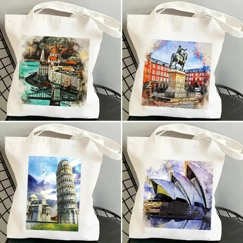 London Madrid borsa a tracolla del Cairo Budapest Venice Sydney acquerello borsa a mano in tela da donna borsa per la spesa ambientale