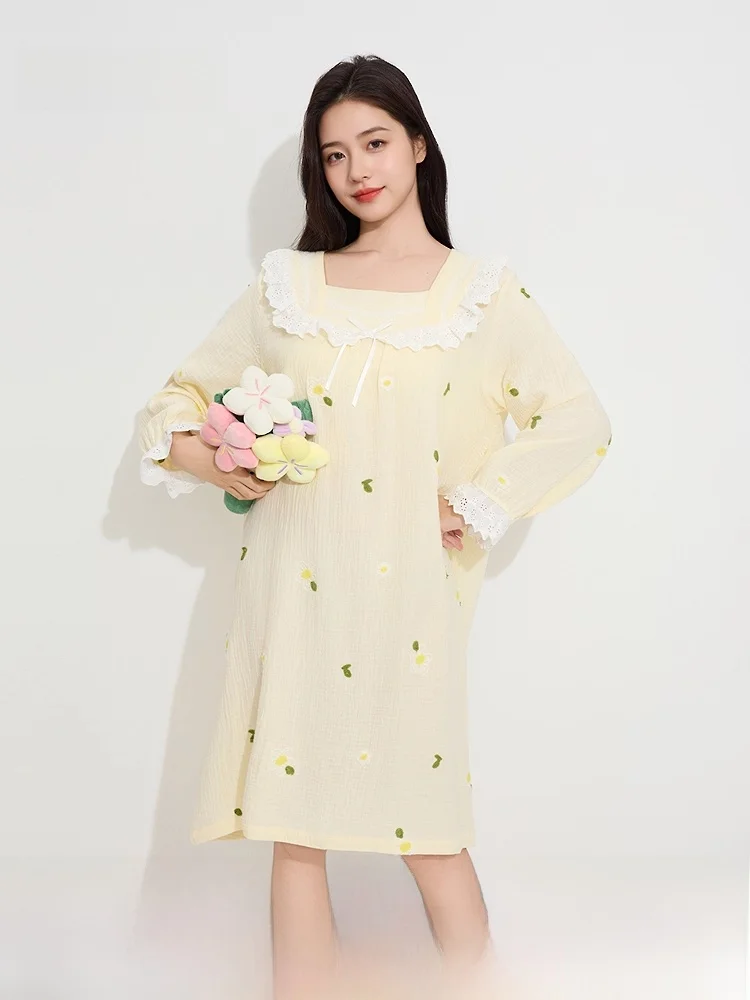 

Spring Youthful Floral Embroidery Nightgown Loose Home Clothes Women's Sle Fre Sweet Girl's Spwear Cotton 00%