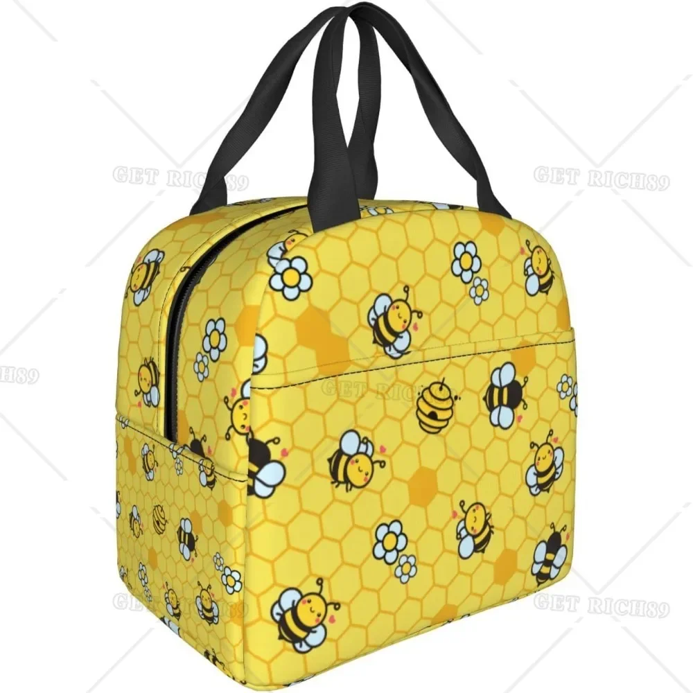 Cartoon Bee Yellow Insulated Lunch Bag for Kids Boys Girls Washable and Reusable Thremal Lunch Box for School Picnic