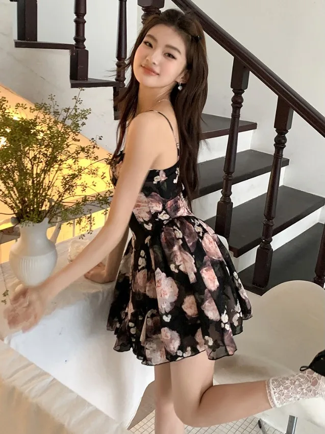 2025 Summer New Pearl Chiffon Bla Floral Print Ele Strapl Dr Women's ort Skirt A-Line Silhouette High Waist