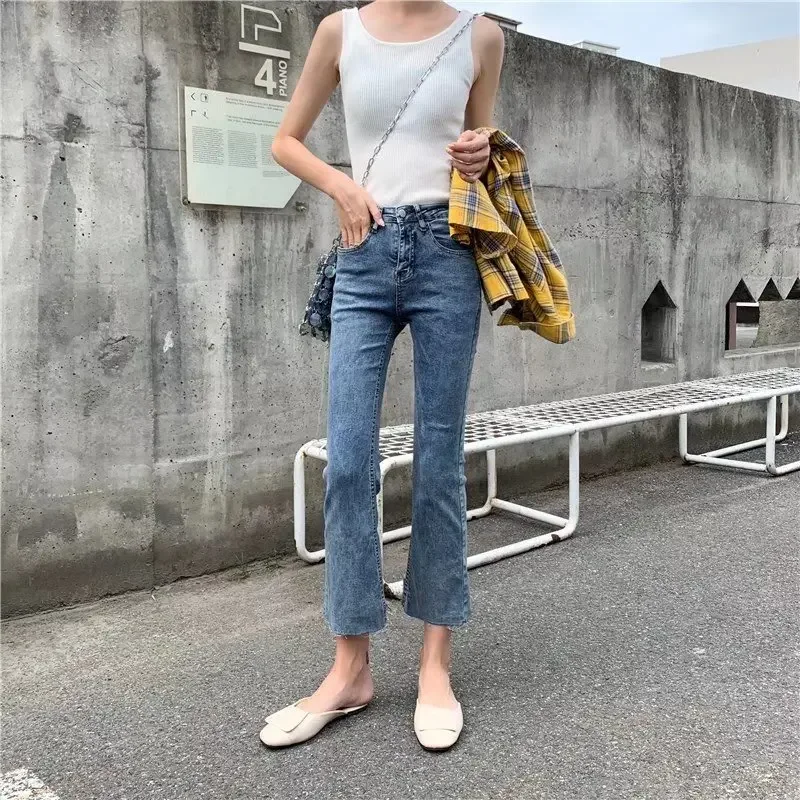 Flare Jeans Women Slit Skinny Denim Korean Style Youthful Vitality Stylish Hipster Frayed Do Old Bleached Stretchy Spring Summer