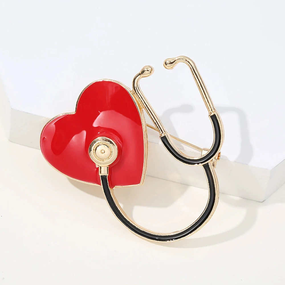 Personalized Heart Stethoscope Shape Brooches for Women Black Red Enamel Oil Brooch Pins Fashion Elegant Jewelry Accessories