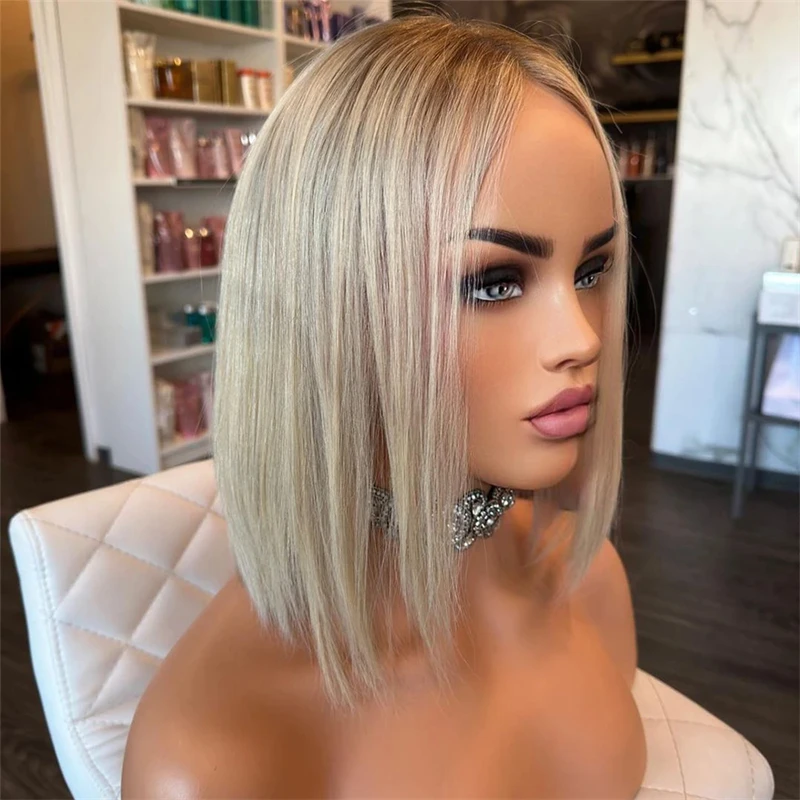 Perruque Bob Synthétique Courte et Lisse avec Racines Foncées, Blonde Ombrée, HD Transparente, Naissance des Cheveux Réaliste, Pre-plucked