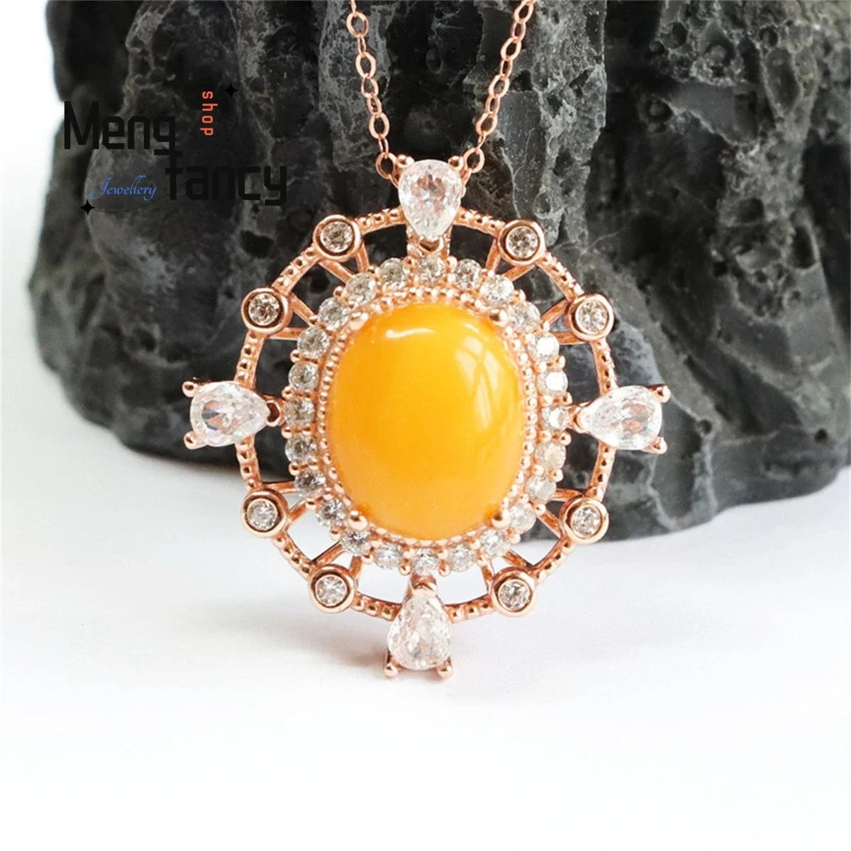 Natural S925 Silver Inlaid Honey Wax Amber Necklace Pendant Simple Personality Fashion Versatile Retro Women Luxury Fine Jewelry