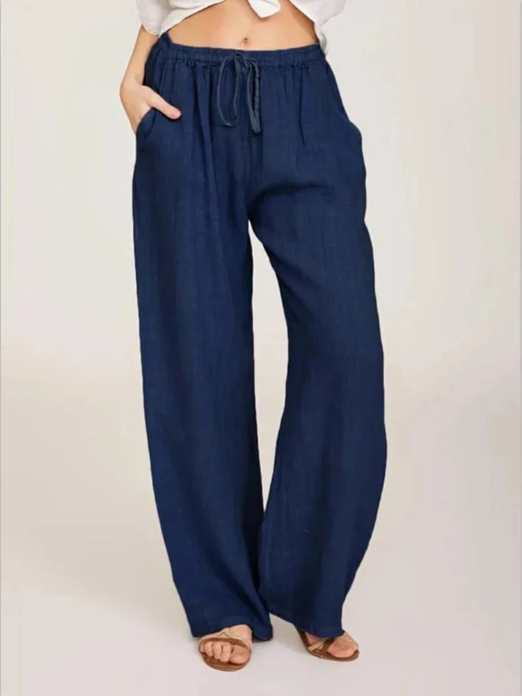 Damenhosen aus 100% Baumwolle für Sommer und Herbst, einfarbige, hochtaillierte, gerade geschnittene Hosen, lockere, atmungsaktive Freizeithosen aus Hanf für Damen, Sport-Hosen. – Detail 10