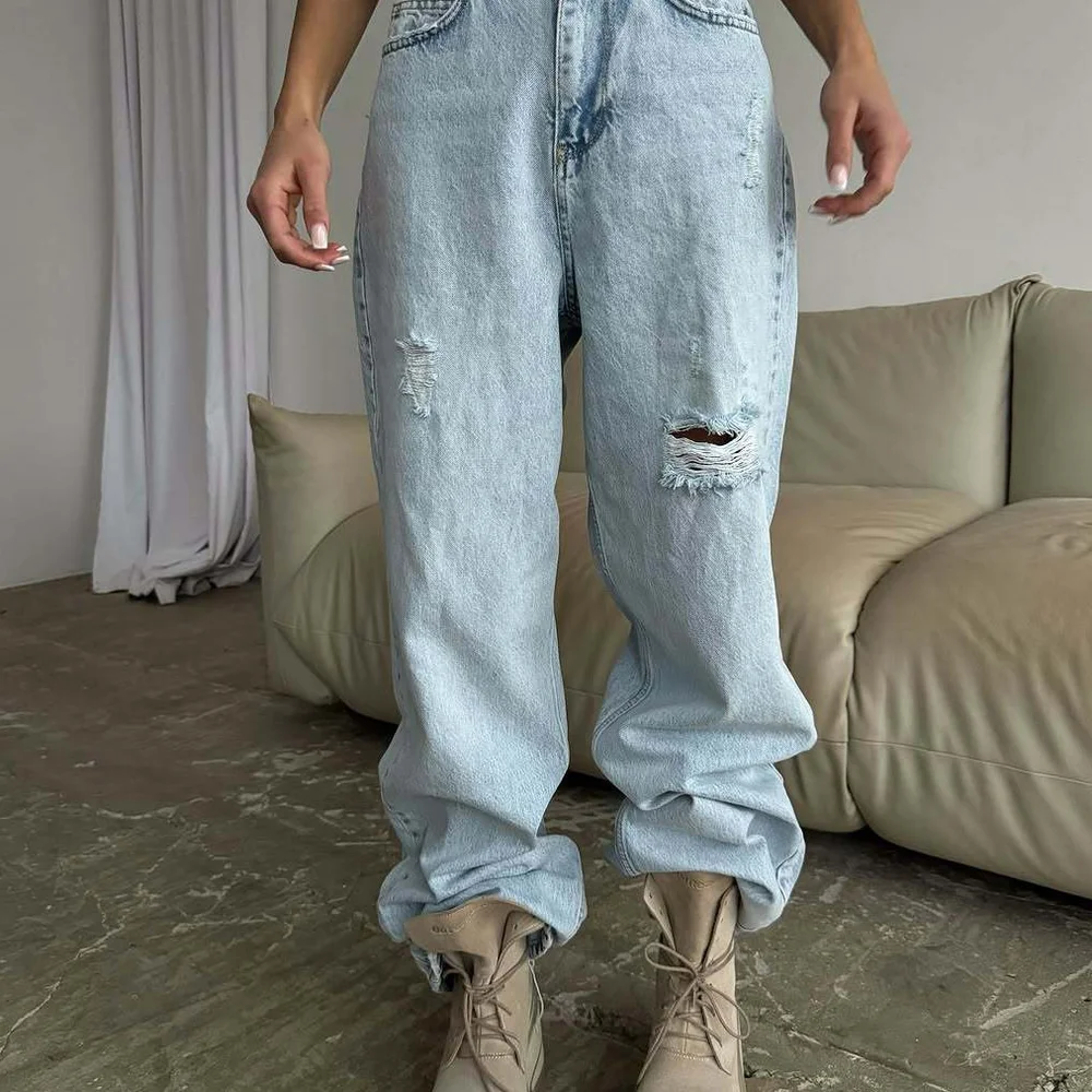 Jeans mit hoher Taille und weitem Bein für Damen, Frühlingsfaion, zerrissenes Loch-Design, lässige Taillen-Denim-Hose, lockere Passform für alle Jahreszeiten