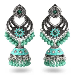 Boho Ethnic Green Flower Drop Earrings for Women Pendient Silver Color Hollow Beads Tassel Jhumka Indian Earrings Jewelry