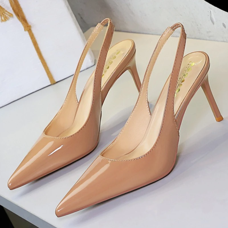 New Arrival Concise Pointed Fashion Back Strap Patent Leather High-heeled Women Shoes Shallow Mouth 8CM Thin-heeled Single Shoes