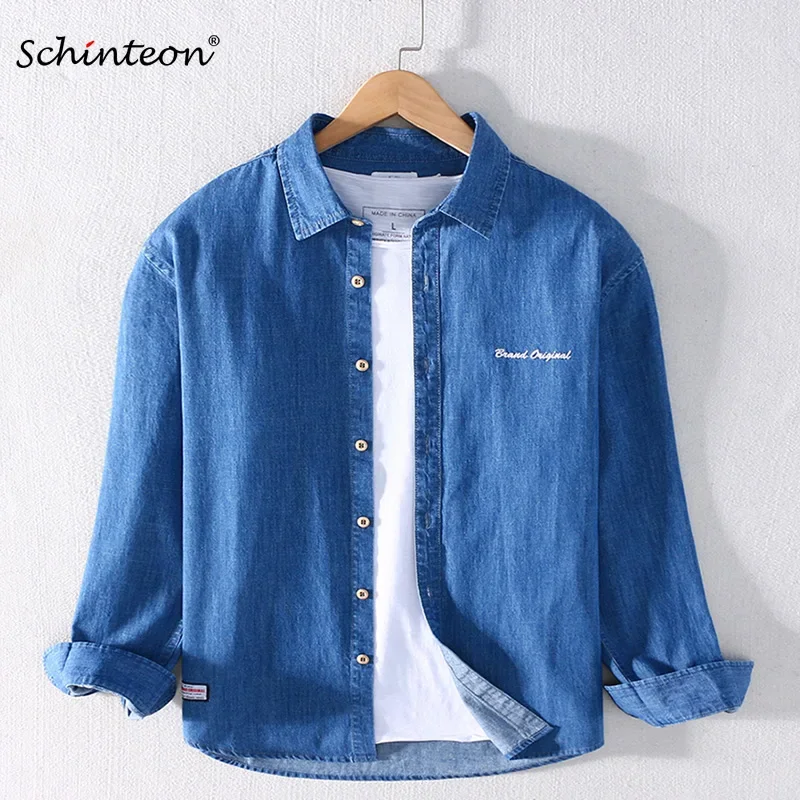 

Schinteon 100% Cotton Men Shirt Long Sleeved Embroidery Turn-down Collar Casual Autumn Denim Shirt Male Japanese Style