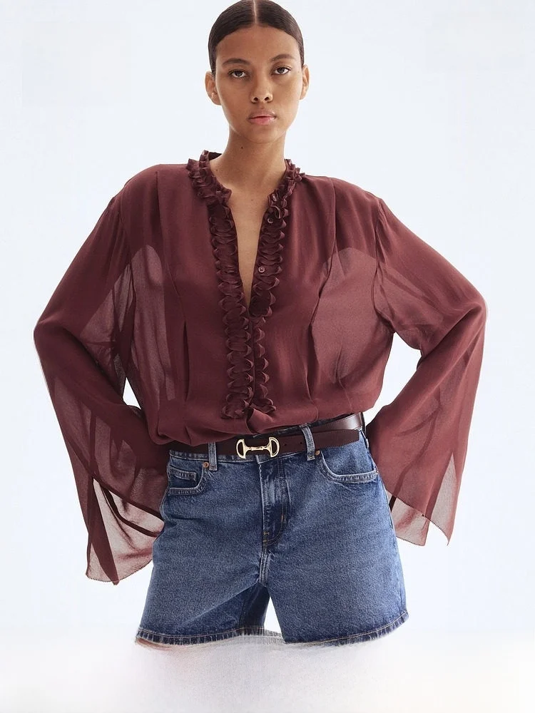 

H&M Spring Women's Design Sense Stand Collar Silk Material Drapey Overhead irt 334 French Sle Long Sve Bell Sve