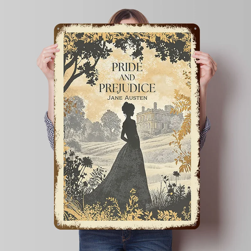 Pride and Prejudice Austen Book Cover Tinplate Posters Customizable Wall Art Retro Vintage Metal Signs for Home Room Desk Decor