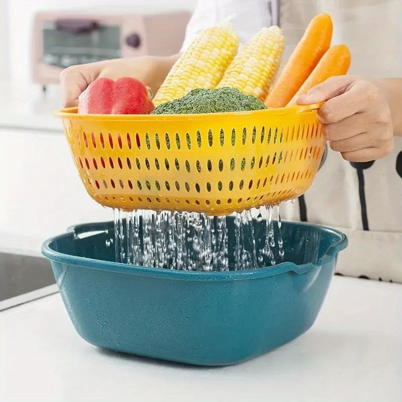 1Pc Blue Yellow Plastic Kitchen Double Drain Basket Bowl Washing Storage Basket Strainers Bowls Drainer Vegetable Cleaning Tool