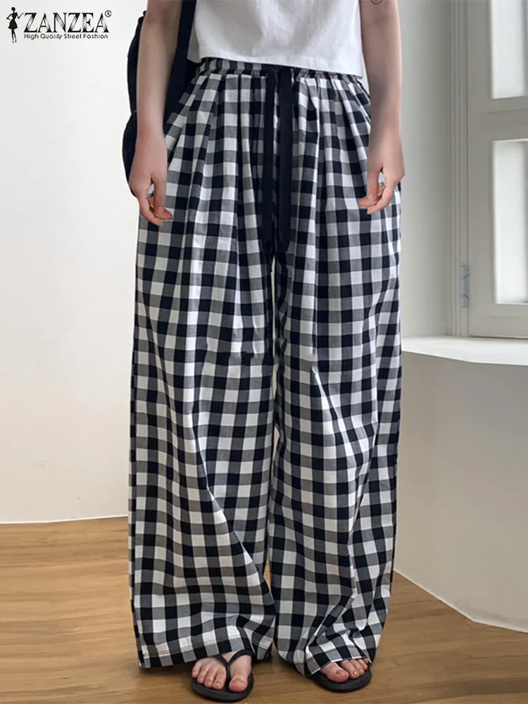 ZANZEA Fashion Check Maxi Loose Pants Streetwear Wide Leg Trousers Korean 2024 Autumn Elastic Waist Daily Home Pantalon Oversize