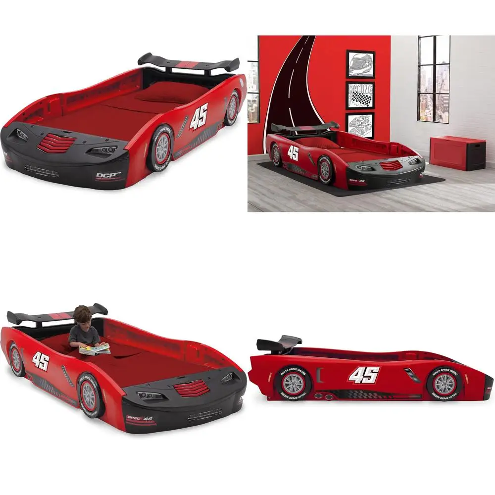 

Детская кровать в стиле гоночного автомобиля, двухцветная, красная