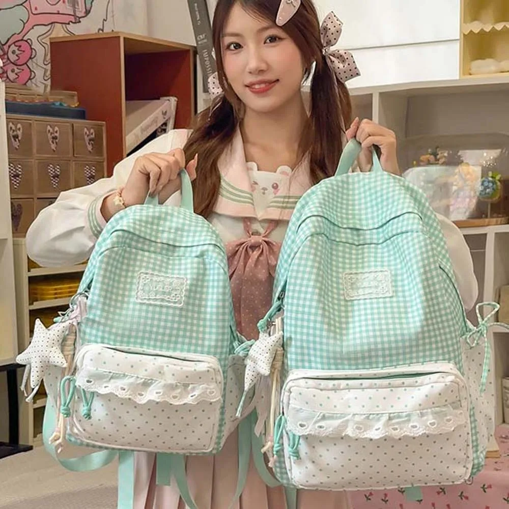 Korean Style Plaid Backpack Pastel Color Ruffle Design Lace Schoolbag Adjustable Straps Large Capacity Gingham Daypack