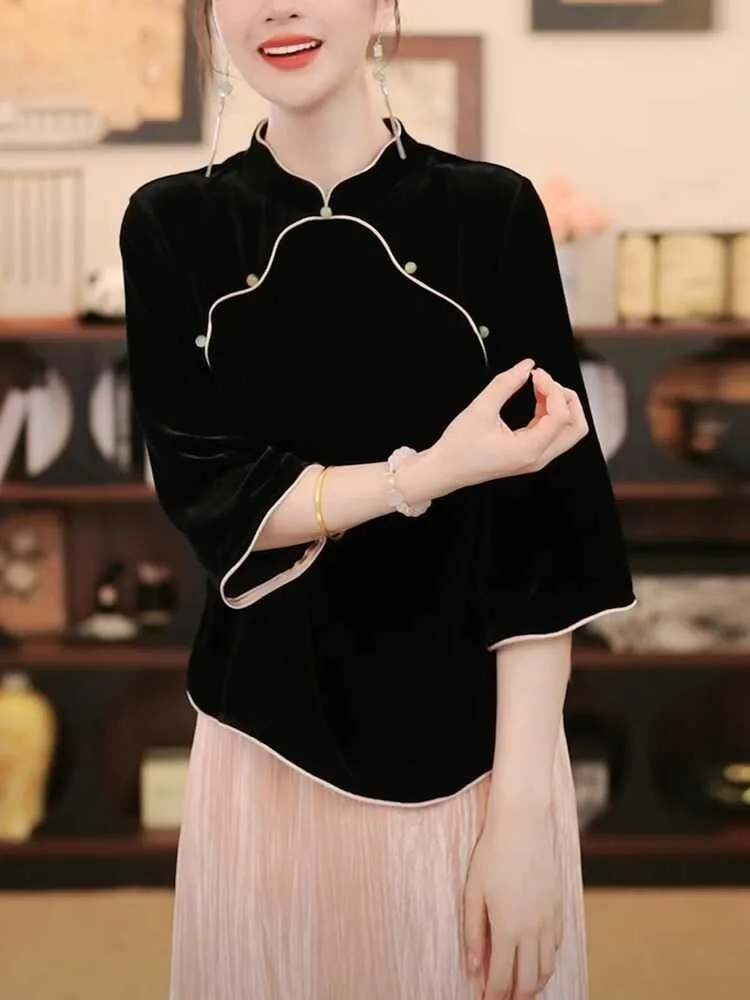 Style chinois Chi-pao col Design noir velours hauts nouvel an 2025 printemps femmes Date filles élégant rétro chemise Blouse Vintage