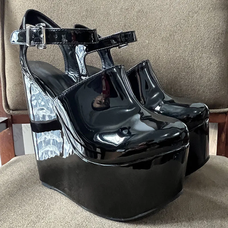 Ronticool Real Photos Women Pumps Buckle  Strap Sexy Wedges Heels Round Toe Classics Black Party Shoes Ladies US Plus Size 5-15