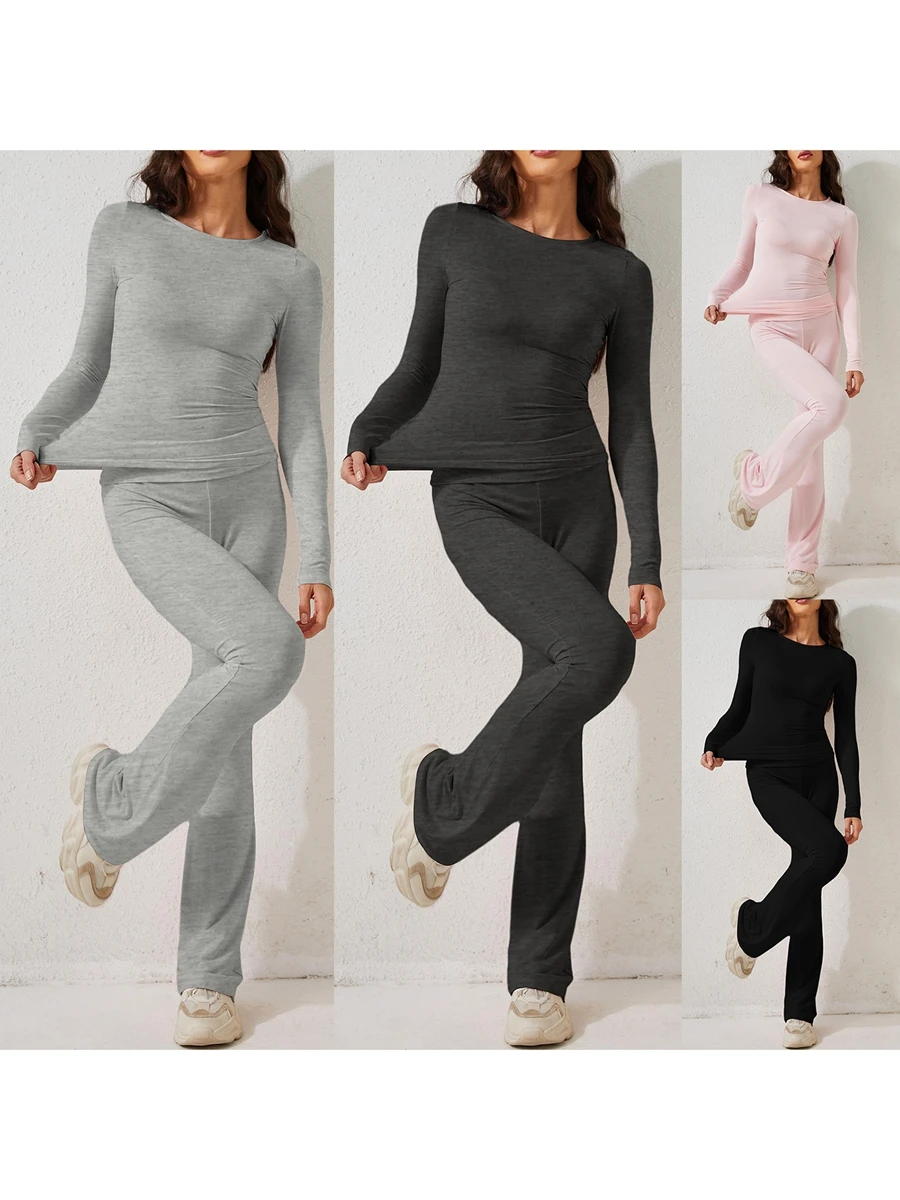 Women\'s 2 Piece Outfit Long Sleeve Crew Neck T-shirt and Fold-over Low Waist Flare Pants Lounge Set Yoga Tracksuit