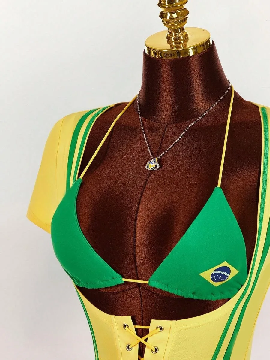 Damen Y2K Brasilien-Flagge 2-teiliges Outfit, gestreiftes Kurzarm-Oberteil, Neckholder-BH, Schnürkorsett, Weste, Streetwear, Festival-Matching-Set – Detail 6
