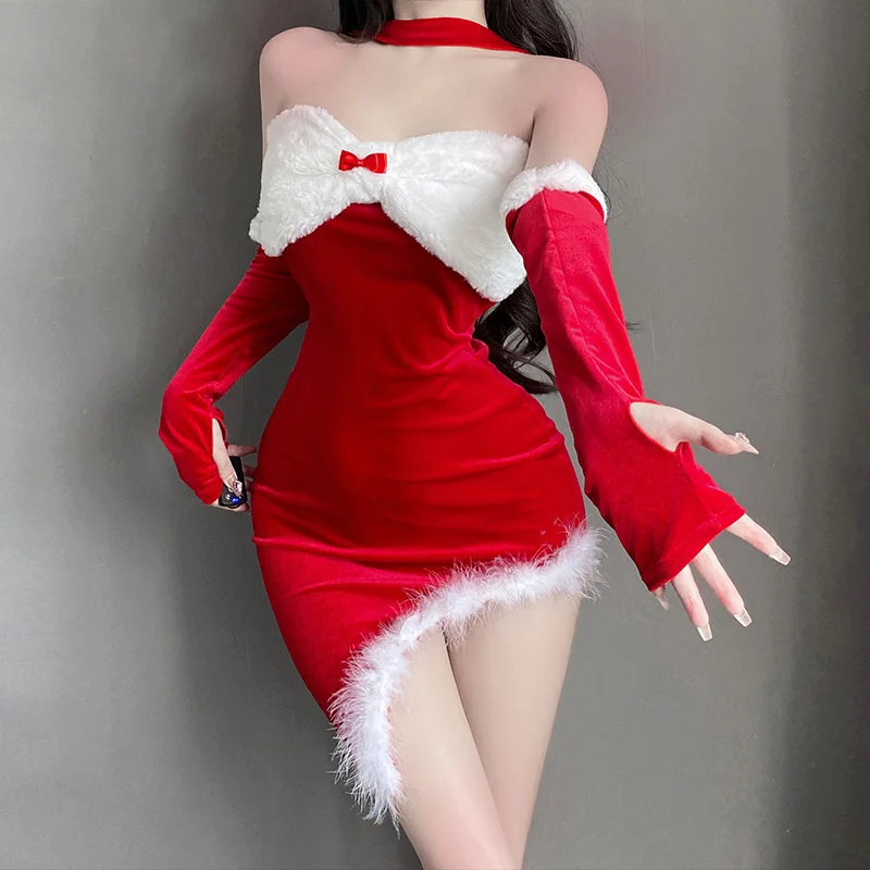 

Kawaii Sweet Bow Irregular Red Dress Sexy Christmas Cosplay Santa Lady Costumes Nightdress Bunny Maid Dress Halter Skirt