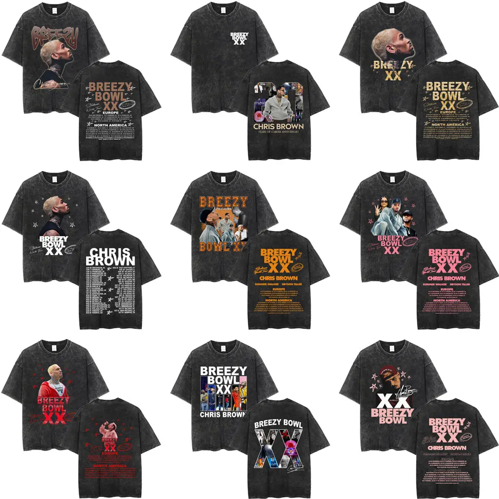 

Hot Sale Washed Vintage Chris Brown Breezy Bowl XX Tour 2025 T Shirts Men Women Hip Hop Fashion Oversized T-shirts Streetwear