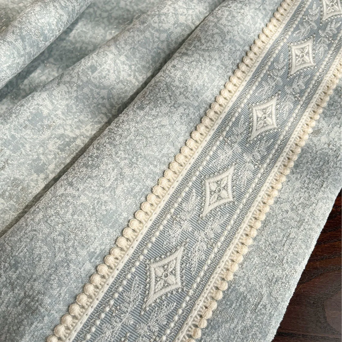 Customized Size Luxury High End French Retro Style Dark Pattern Texture Chenille Grey Blue Lace Curtains Bedroom Living Room