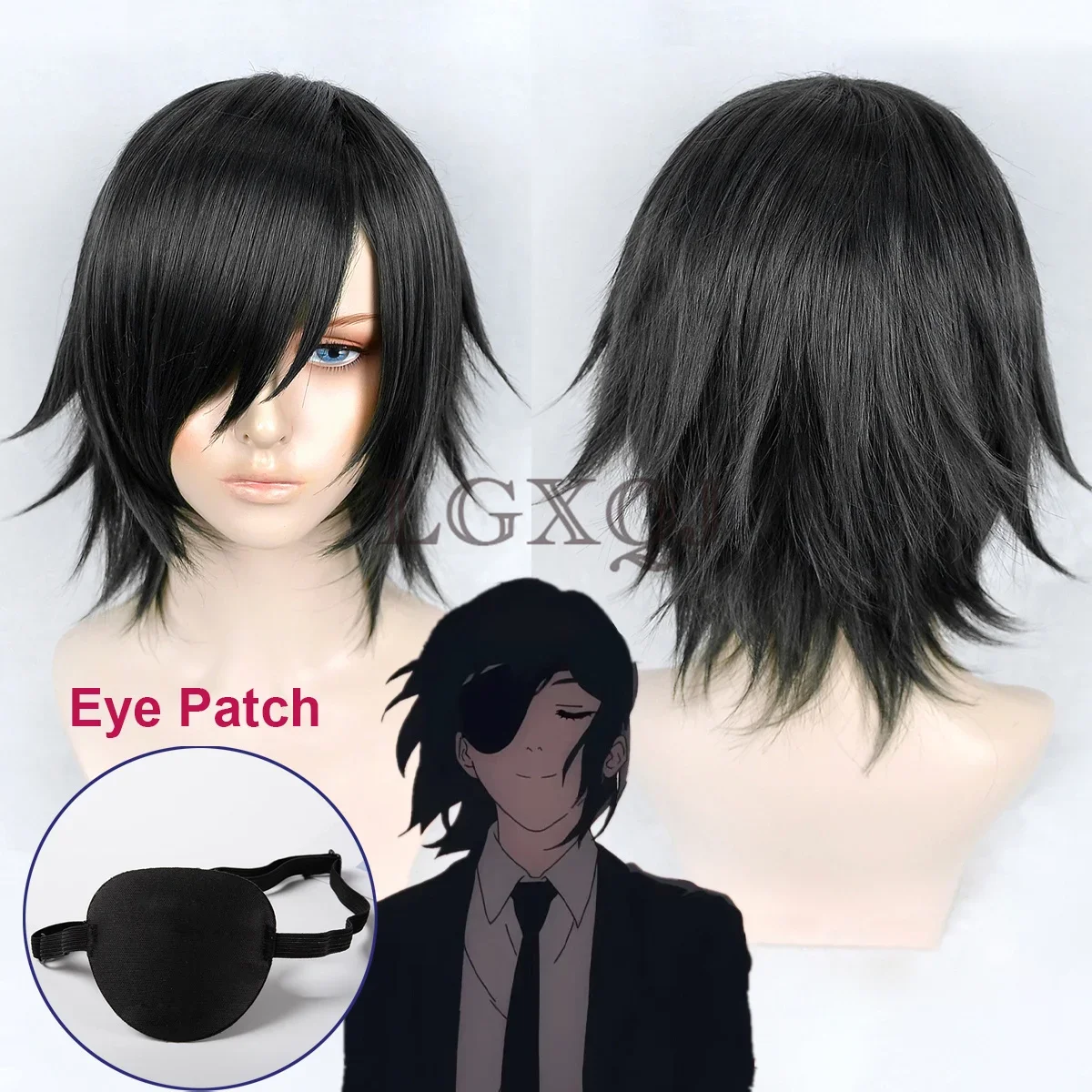 In Stock High Quality Himeno Cosplay Wig Chainsaw Man Black Fluffy Hair Eye Patch Heat Resistant Party Wigs Props + Free Wig Cap