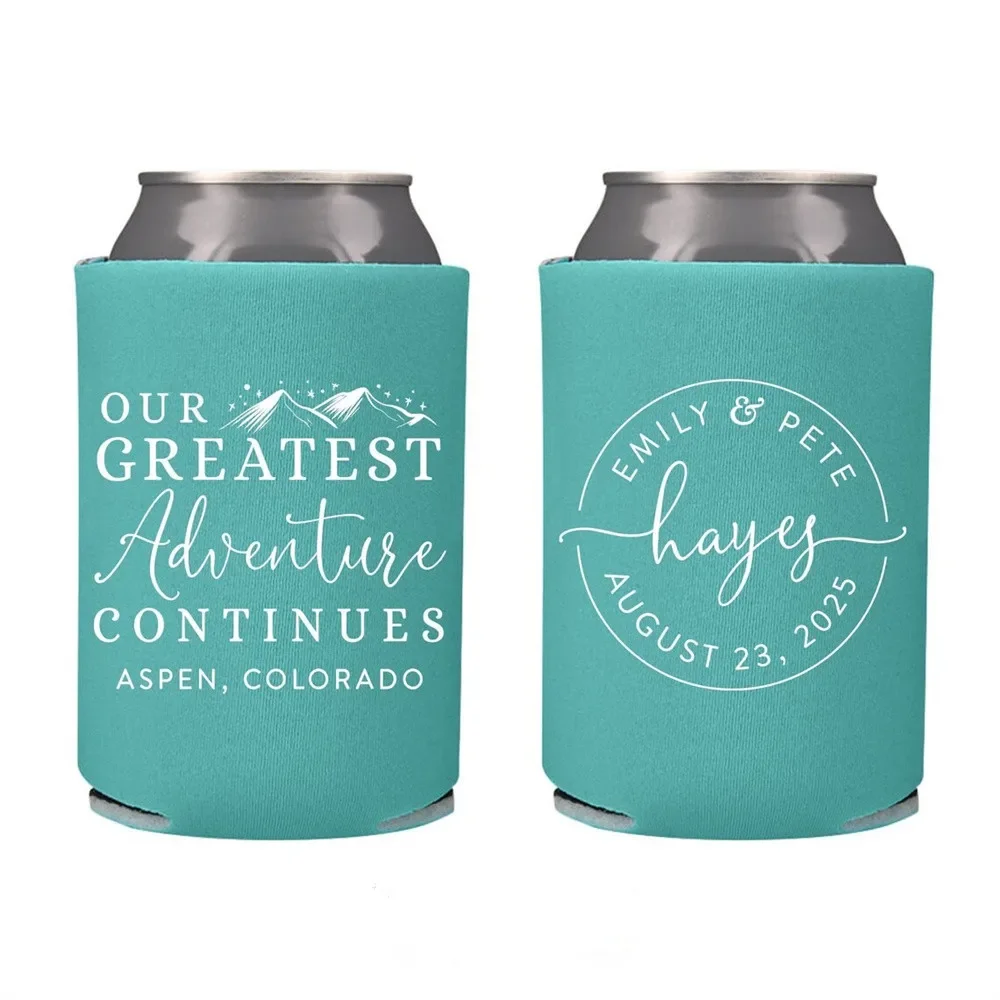 Wedding Can Cooler #163R - Our Greatest Adventure Continues - Custom - Wedding Favors, Insulated, Can Holder, Wedding Favor, Bee