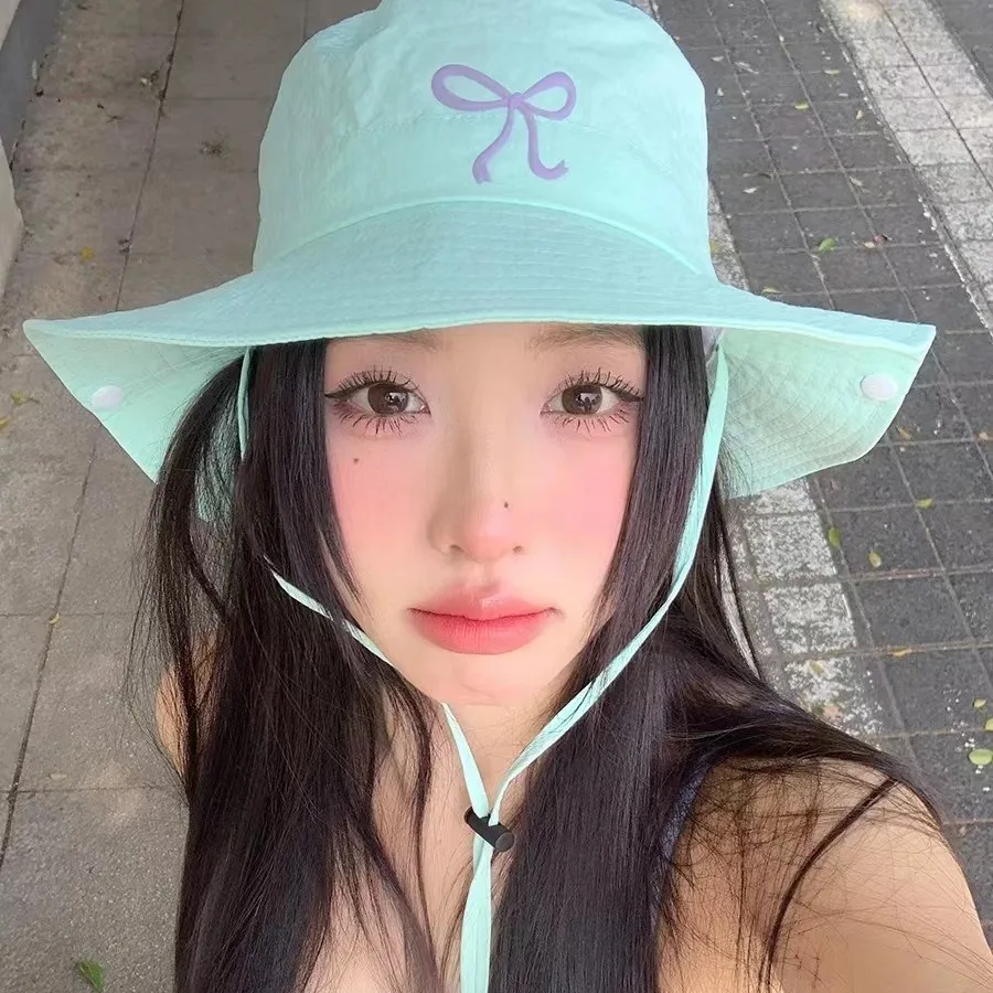 Sun Hats for Summer Bowknot Outdoor Fishing Cap Wide Brim Anti-UV Protection Women Bucket Hat Adjustable Rope Fisherman Caps