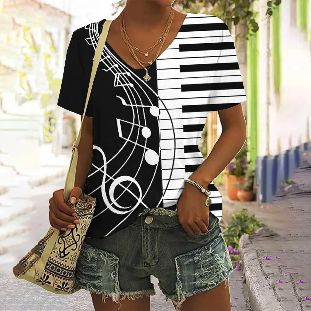 Musical Note 3D Print Summer T-shirts Women Casual Fashion Streetwear Short Sleeve V-Neck T Shirt Harajuku Clothing Tees Tops