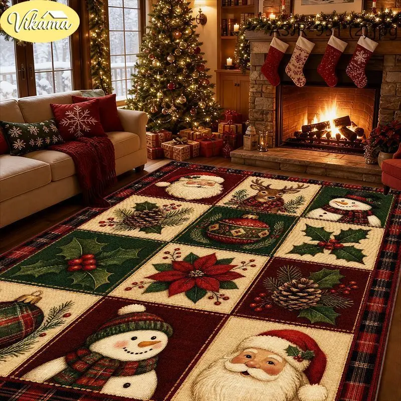 VIKAMA Vintage Patchwork Christmas Area Rug Stain Resistant Non Slip Living Room Carpet Festive Decorative Washable Home Decor