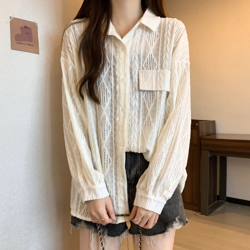 

DAYIFUN женские выдолбленные блузки с цветочным принтом, белые блузки с лацканами и длинными рукавами, весна-лето, повседневные свободные рубашки, новые топы