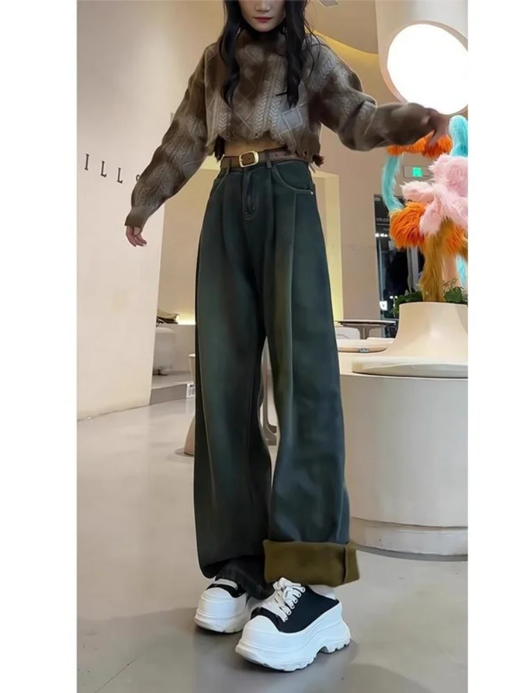 

Women's Fce Lined Straight Leg Jeans High Waist Loose Drapey Slimming Wide Leg Pants Casual Sle Worn Resistant Denim