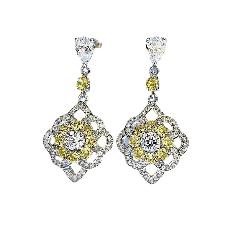 2023 New S925 Sterling Silver Micro Inlaid Yellow Diamond Luxury Full Diamond Classic Small Fragrant Earrings