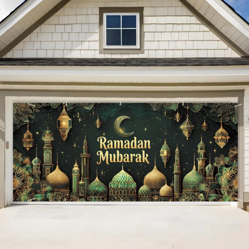 

VIKAMA Ramadan Mubarak Garage Door Banner with Islamic Crescent And Lantern Design for Decoration during Ramadan And Eid Al Fitr