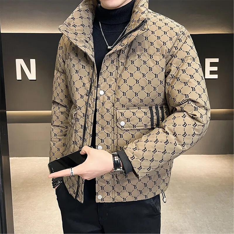 Men's down jacket, white duck down filling, stand-up collar plaid print casual jacket, autumn and winter thick warm jacket