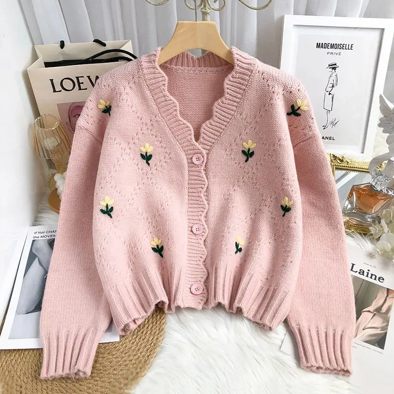 Women Autumn Korean Loose Fashion Embroidered V-neck Long Sleeve Knitwear Ladies Trend All-match Knitting Cardigan Coat Tops