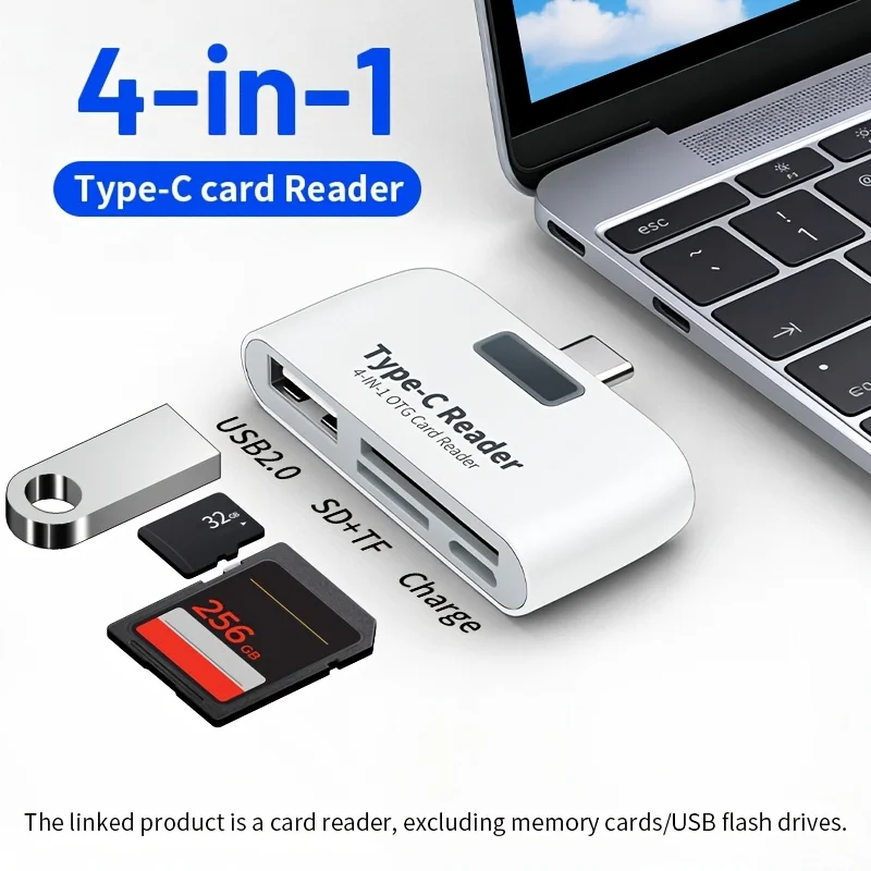 OTG Card Reader, USB-C 4-in-1 SD/TF Reader/Writer, Portable Mini Multi-Function Reader, Plug-and-Play,