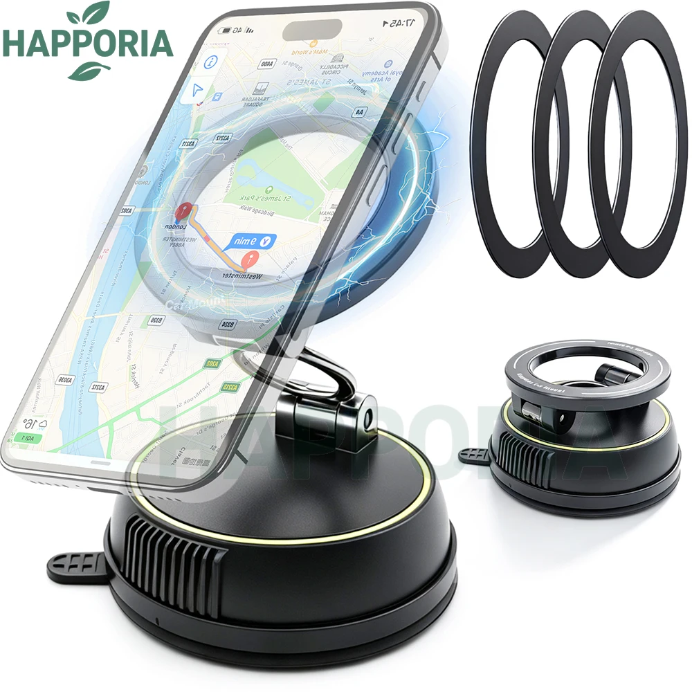 HAPPORIA Vacuum Magnetic Car Phone Holder 360° Rotation Foldable Suction Cup Mount Strong Magnetic Phone Stand Dashboard Holder
