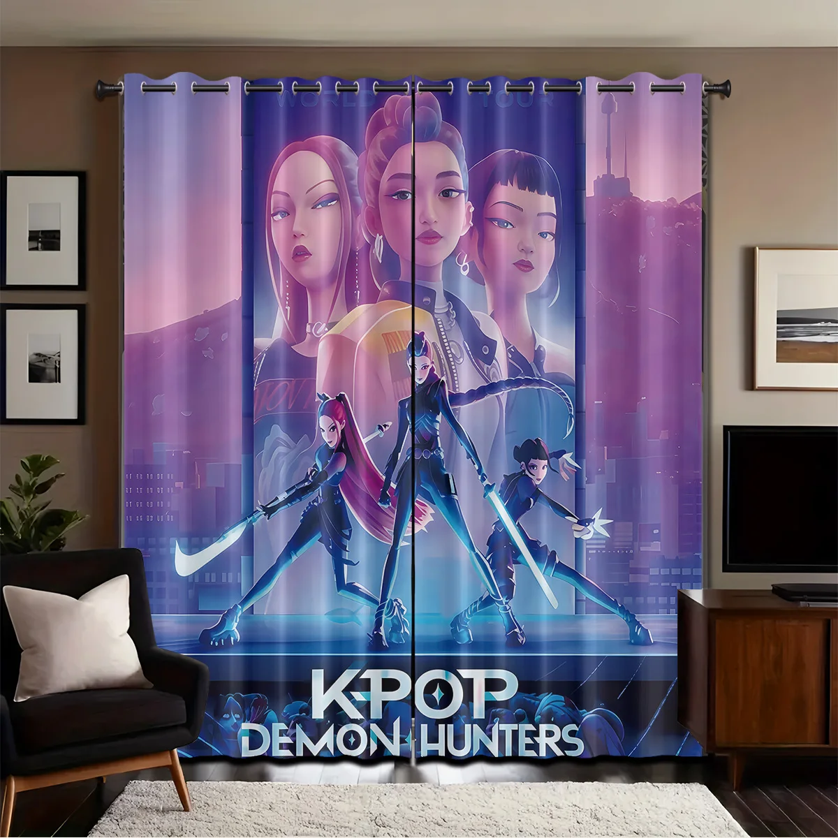 Rideaux occultants perforés imprimés K-Pop Demon Hunters, 2 pièces, décoration isolante de salon de plusieurs tailles, lavable en machine