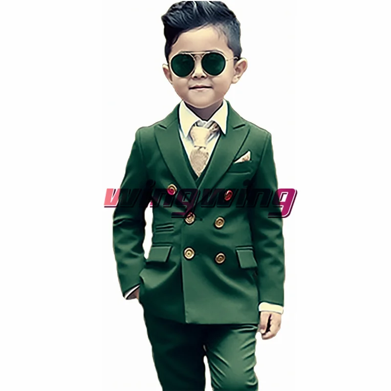 Green Boys Suit Wedding Two Piece Double Breasted Jacket Pants Fashion Gold Button Clothes Kids Blazer