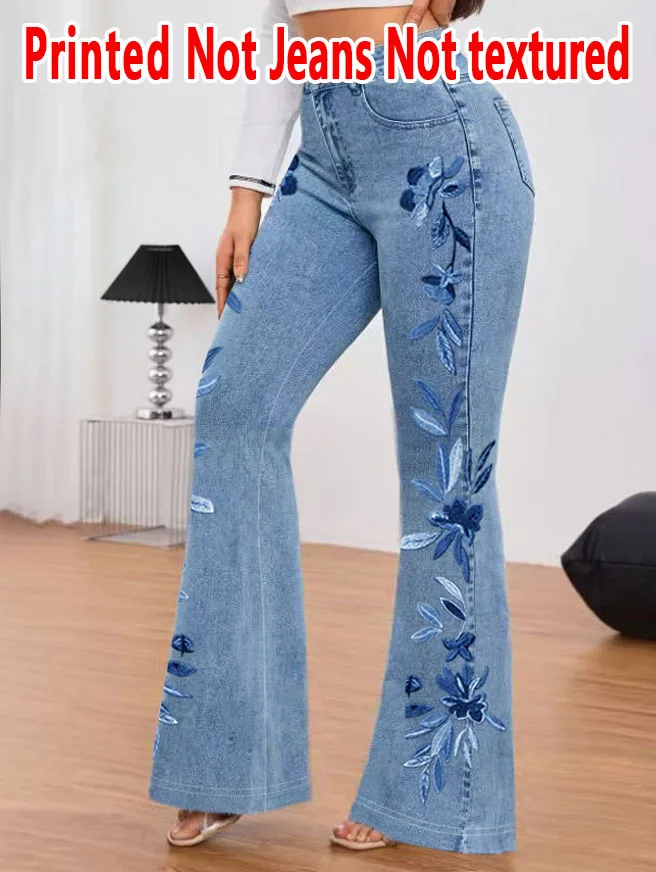 1291  Ladies Non-Leather Bell Bottom Pants Floral Print Denim Look Spring Autumn Winter Wearable Ladies Long Trousers