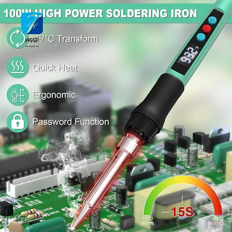 

A55F-Soldering Iron Kit, 100W With LED Digital Display, Adjustable Temperature 300-1200°F Electronic Soldering Kit US Plug