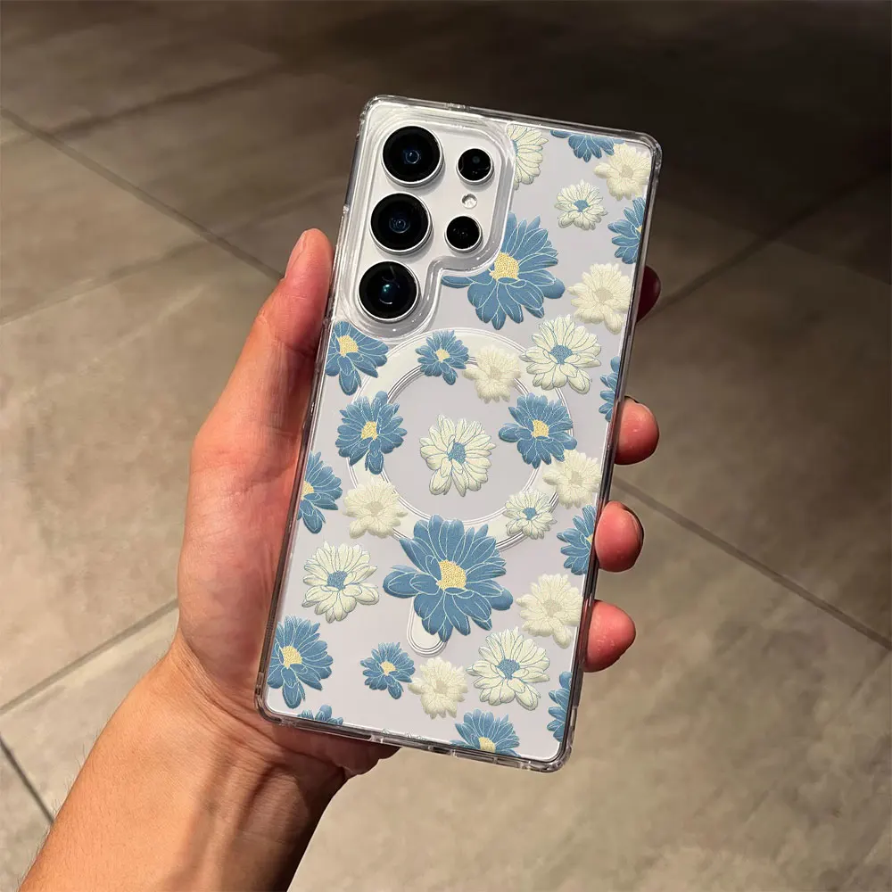 Flower Pattern Magnetic Phone Case For Samsung Galaxy S26 S25 S24 S23 S22 S21 Ultra Plus Edge S20 FE Shockproof Magsafe PC Cover