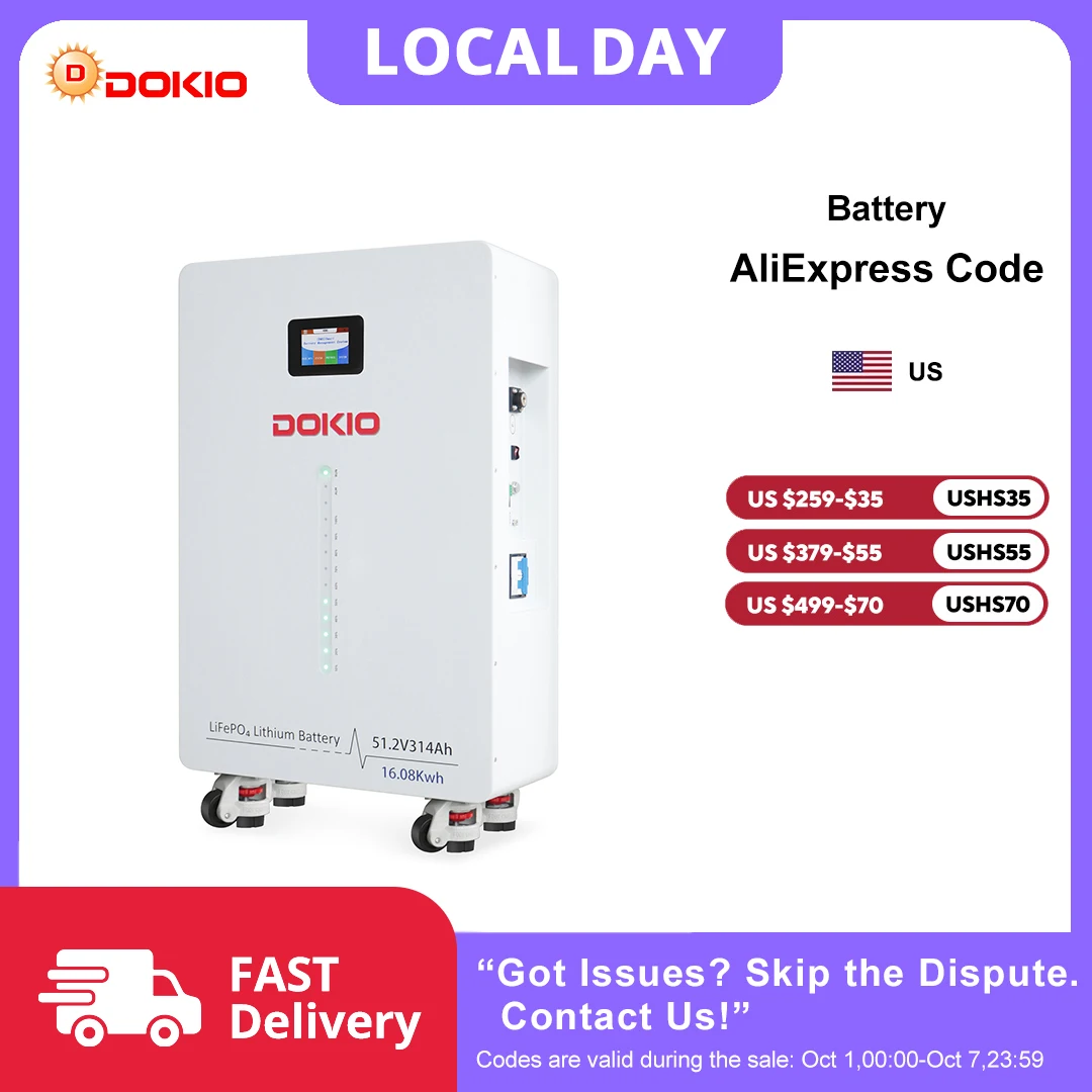 DOKIO 16.08kWh 51.2V 314Ah LiFePO4 Solar Battery Vertical Standing Backup with Smart APP Control,200A BMS,6000 Deep Cycles