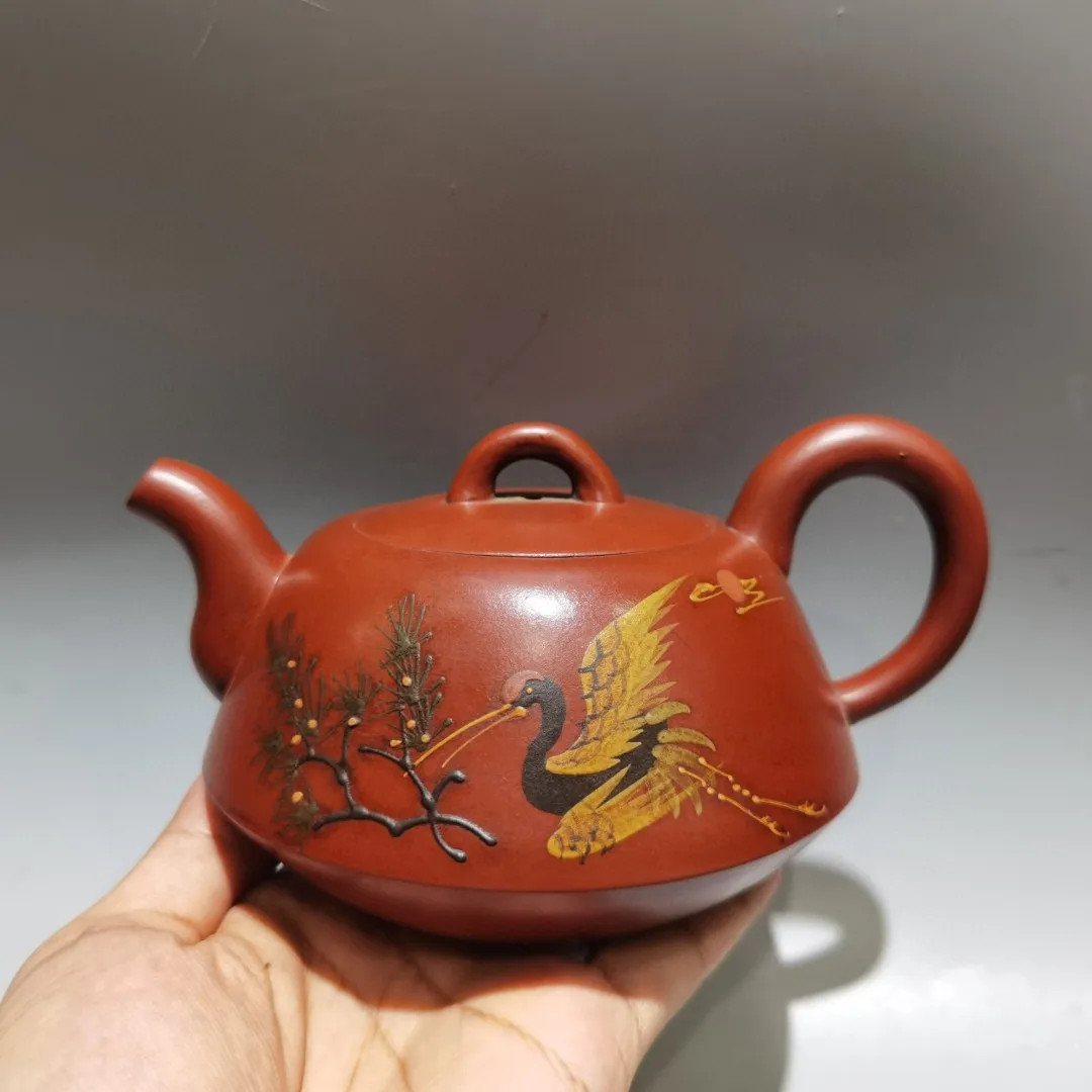 Yixing Purple Clay Pot Red clay Songhe Yannian Crane pattern Curved spout pot Teapot Kettle Amass wealth Ornaments