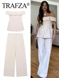 TRAFZA 2024 Woman Solid Trousers Set Side Slit Strapless Sexy Top + High Waist Wild Loose Zipper Women's Wide Leg Long Pant