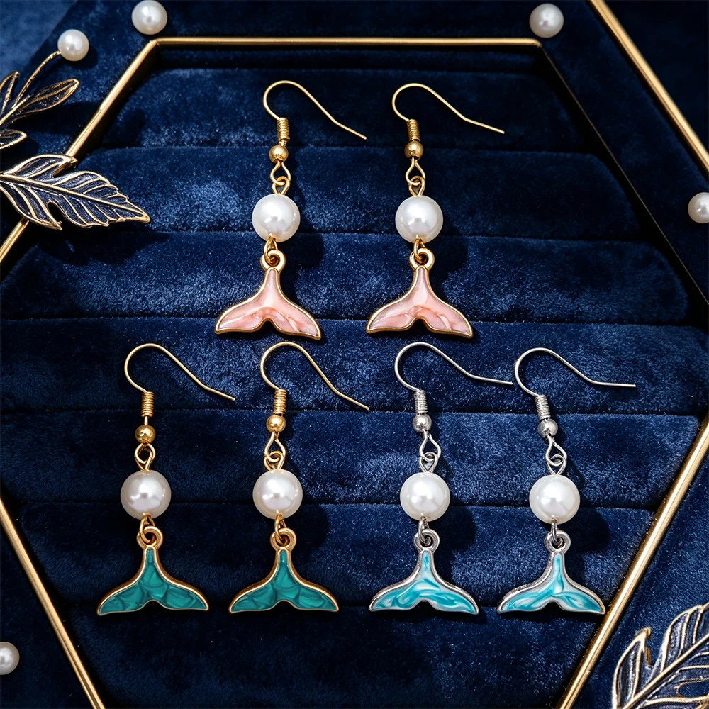 Mermaid Tail Imitation Pearl Earrings, Contrasting Color Enamel Design, Fresh Ocean Style Women's Accessories
