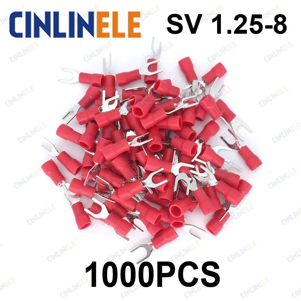 1000pcs Crimp Terminal SV 1.25-8 AWG22-16 0.25-1.65mm^2 Crimp Fork Spade terminals Fork Terminal Brass SV1.25-8